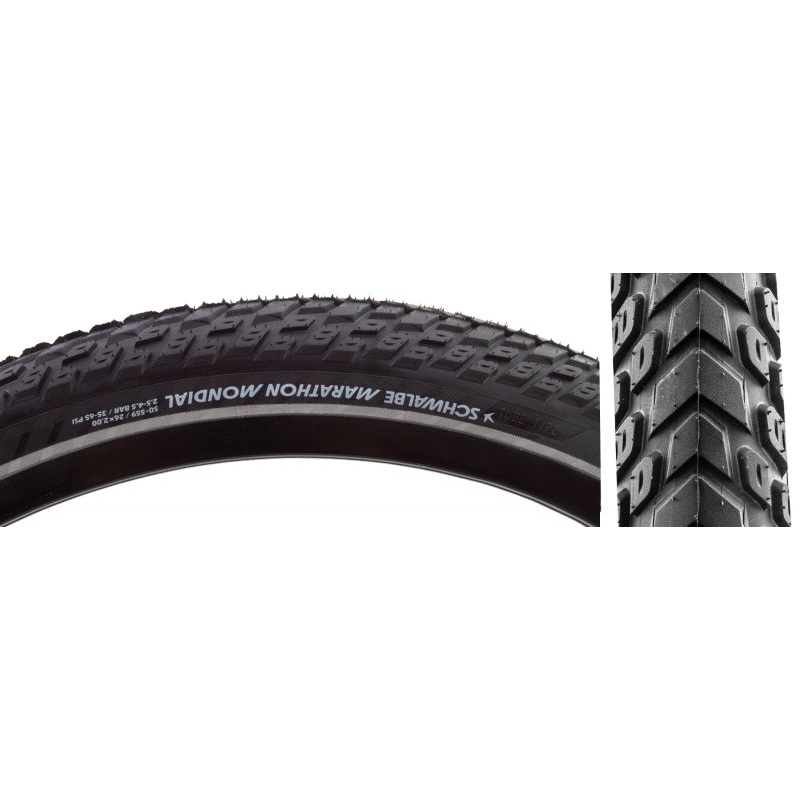 Schwalbe Marathon Mondial Tire – 26 x 2.00 Clincher Wire BLK/Reflective Performance Line RaceGuard Double Defense Addix