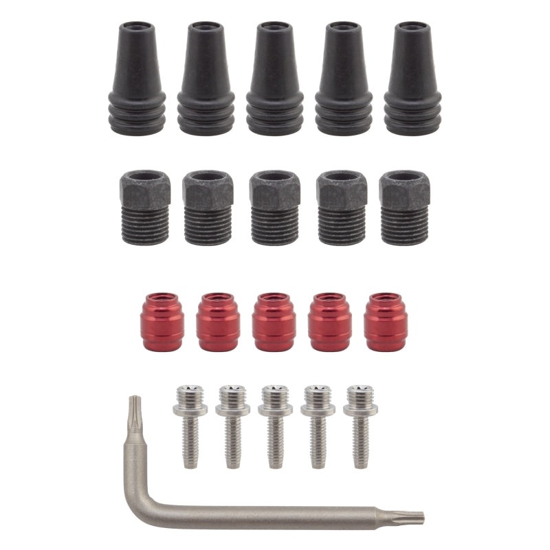 SRAM Red/Force AXS 2-Pc Disc Brake Hose Fitting Kit – 5 Threaded Hose Barbs 5 Compression Nuts 5 Boots Red Comp Olives 1 T8 Torx