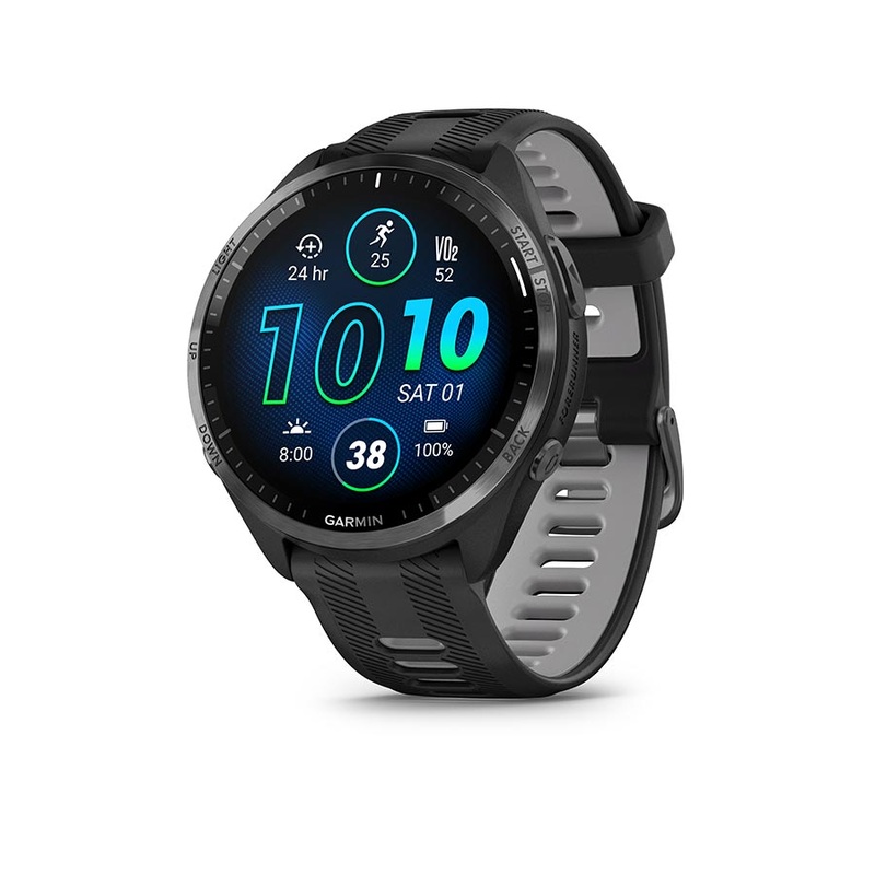 Garmin Forerunner 965 GPS Smartwatch – 47mm Carbon Gray DLC Titanium Bezel BLK Case BLK/Powder Gray Silicone Band