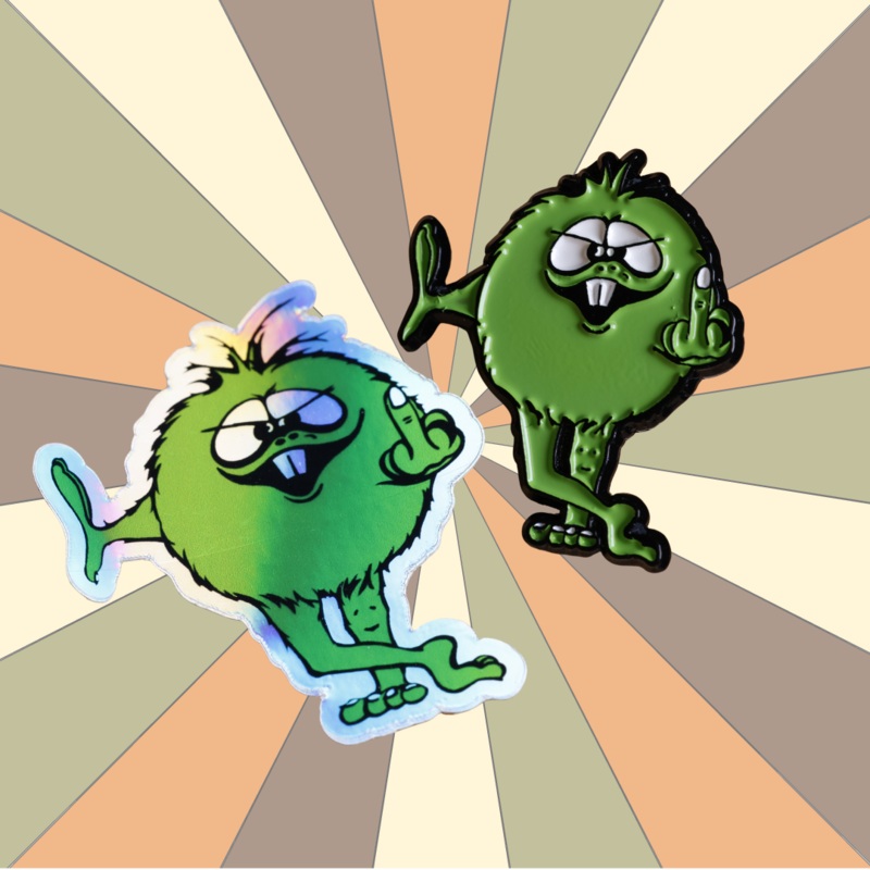 80’s BMX Retro Decal and Pin | Green BMX Troll Flips Bird | Pin & Sticker Set