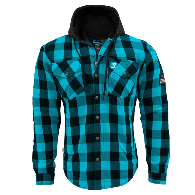 Protective Flannel Hoodie For Men – Aqua Blue and Black Checkered with Pads