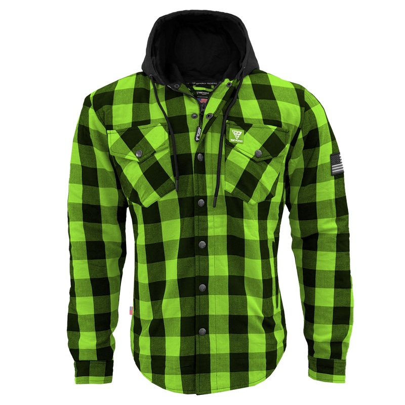 Protective Flannel Hoodie For Men – Green and Black Checkered with Pads
