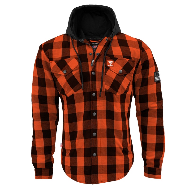 Protective Flannel Hoodie For Men – Orange and Black Checkered with Pads