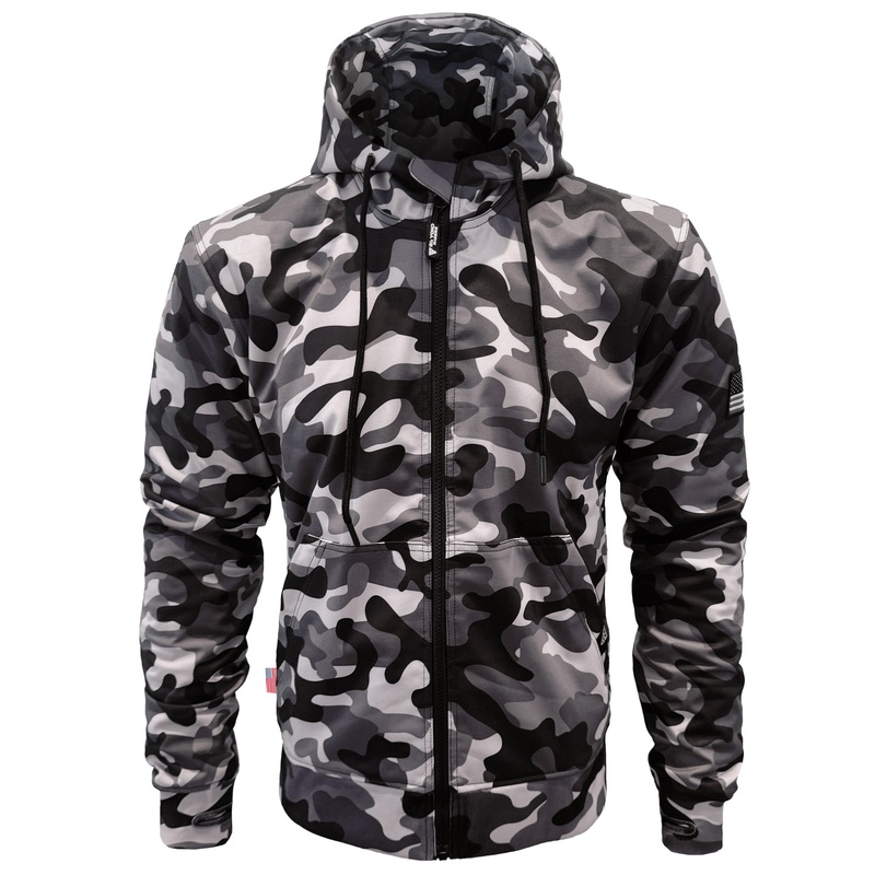 Protective SoftShell Unisex Camouflage Hoodie – Grey Boomer with Pads