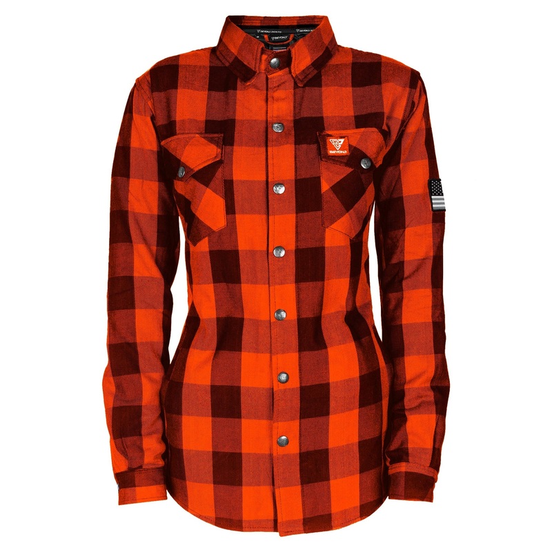 Protective Flannel Shirt for Women – Orange and Black Checkered with Pads