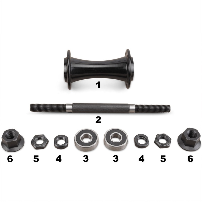 RAMPAGE FRONT HUB SMALL PARTS|Front Axle Chromoly,  3/8″ (|2)||6000 Sealed Bearing, Pair (|3)|Cone Nut, Pair (|4)|Lock Nut, Pair (|5)|Steel 3/8′ Axle Nut w/ 17mm sides, Pair (|6)