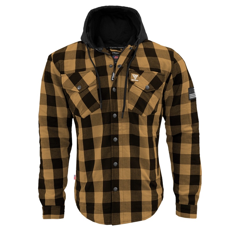 Protective Flannel Hoodie For Men – Camel and Black Checkered with Pads