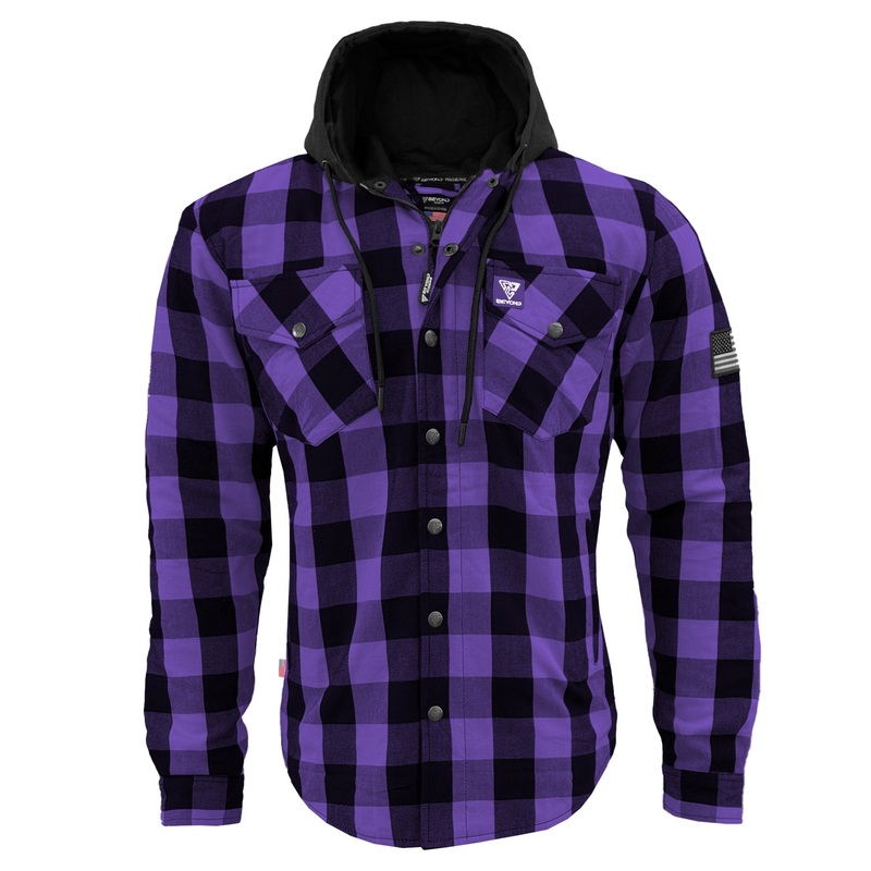 Protective Flannel Hoodie For Men – Purple and Black Checkered with Pads