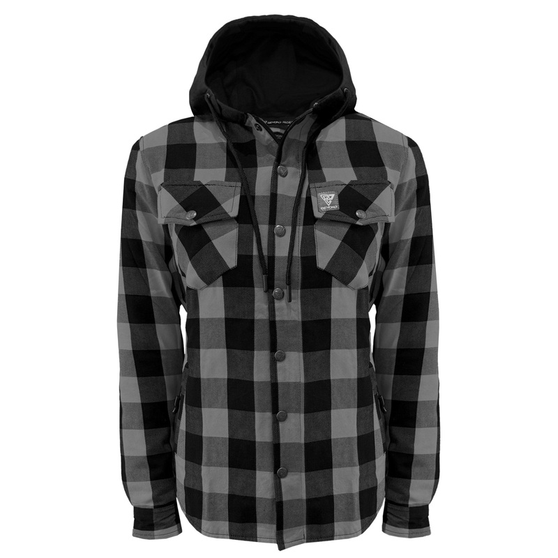 Protective Flannel Hoodie for Women – Gray and Black Checkered with Pads