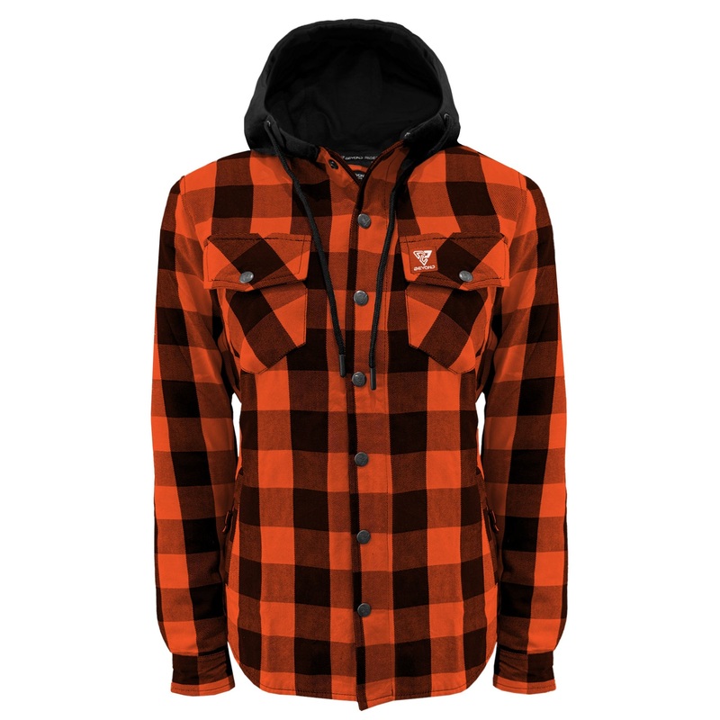 Protective Flannel Hoodie for Women – Orange and Black Checkered with Pads