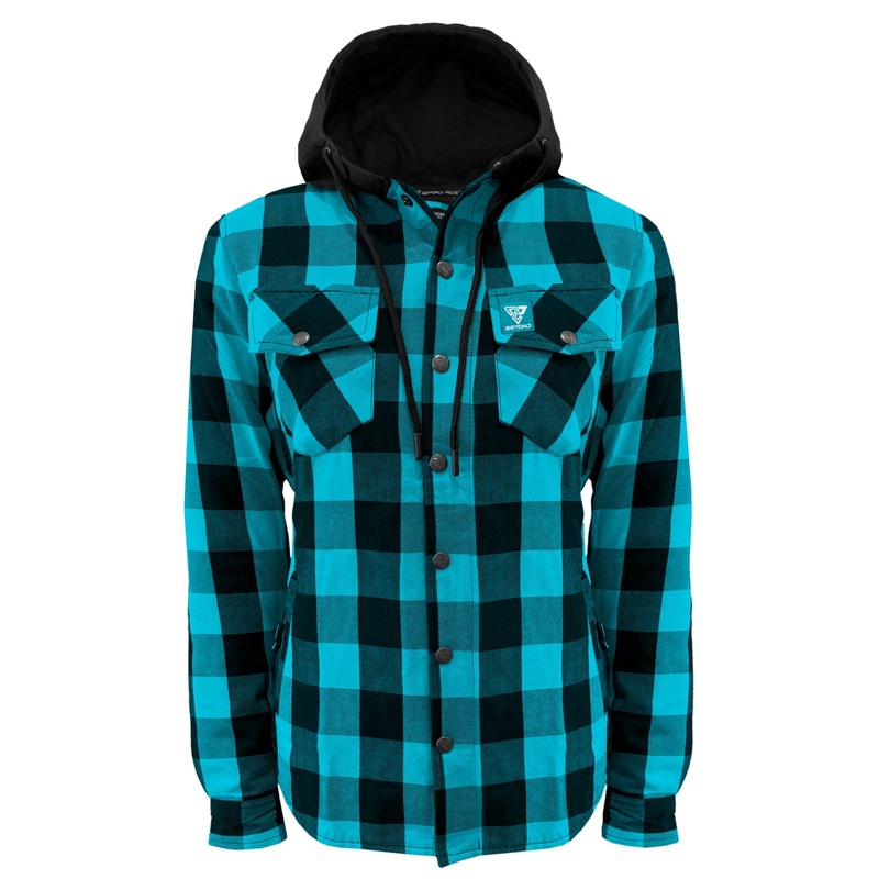 Protective Flannel Hoodie for Women – Aqua Blue and Black Checkered with Pads