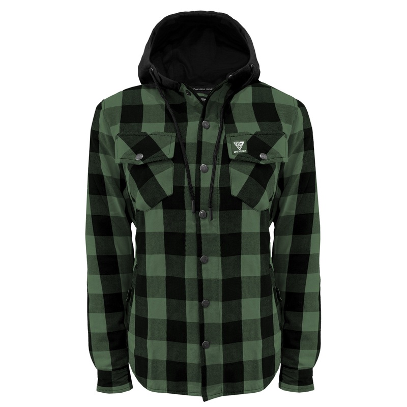 Protective Flannel Hoodie for Women – Dark Green and Black Checkered with Pads
