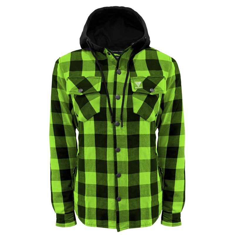 Protective Flannel Hoodie for Women – Green and Black Checkered with Pads