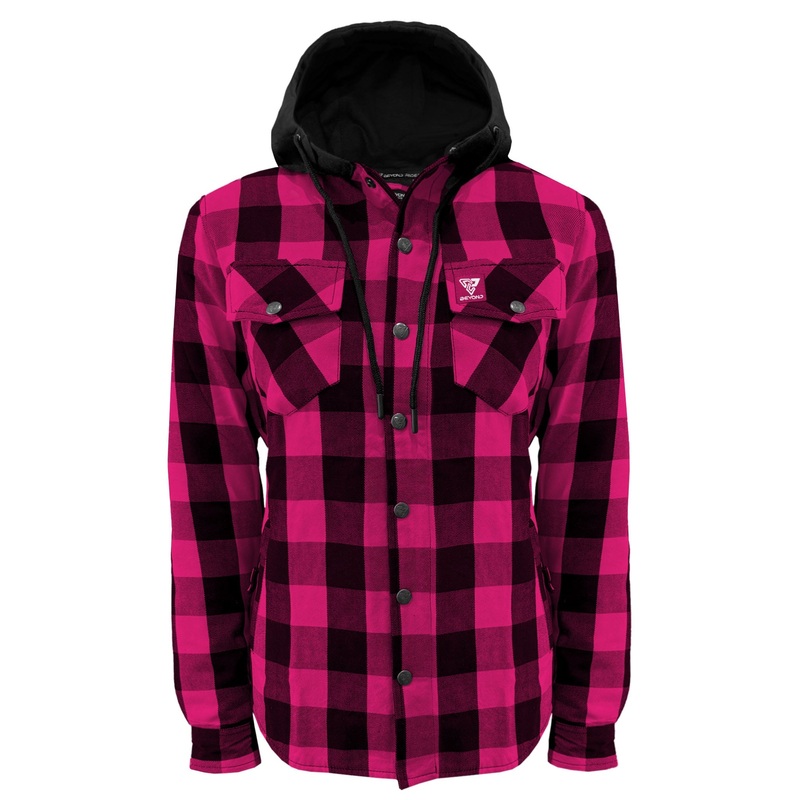 Protective Flannel Hoodie for Women – Pink and Black Checkered with Pads