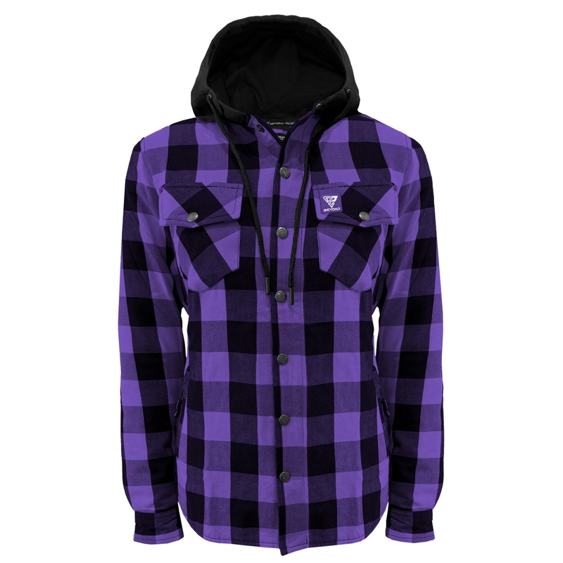 Protective Flannel Hoodie for Women – Purple and Black Checkered with Pads