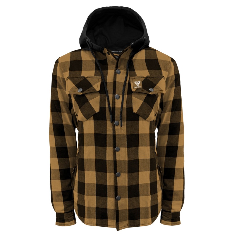 Protective Flannel Hoodie for Women – Camel and Black Checkered with Pads